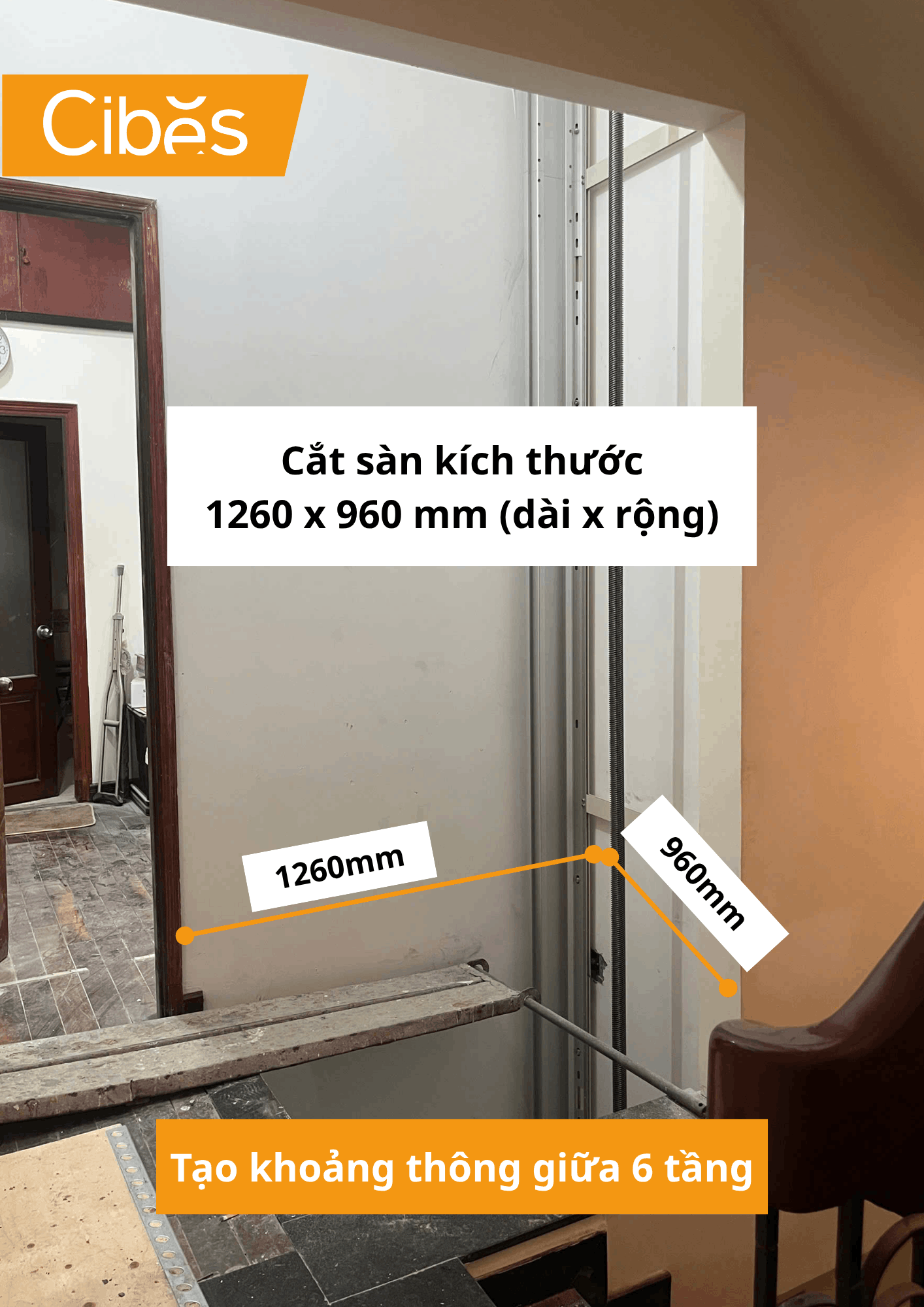 Cắt sàn lắp thang máy châu Âu Cibes Cloud Plus tại phường Diên Hồng 